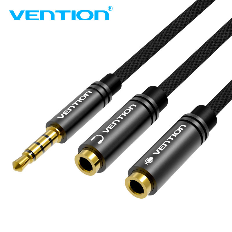 Vention Kabel Audio Splitter 3.5mm Male to 2 Female Audio &amp; Mic 0.3M (BBMBY)