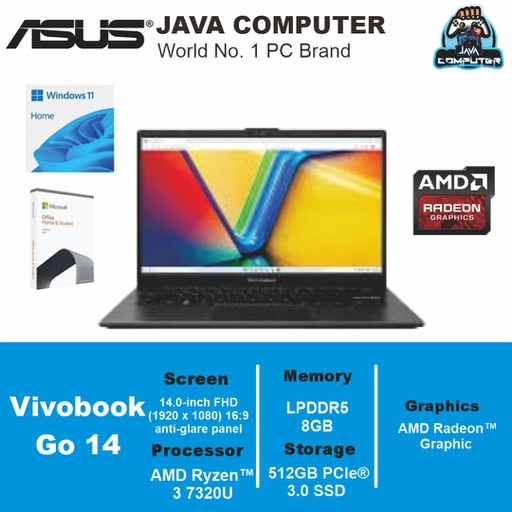 [LAPTOP-0691] Asus Vivobook Go 14 E1404GA-FHD351 /i3-N305/8GB/512GB SSD/14″ FHD/Win 11 Home+OHS 2021/Mixed Black (BAG)
