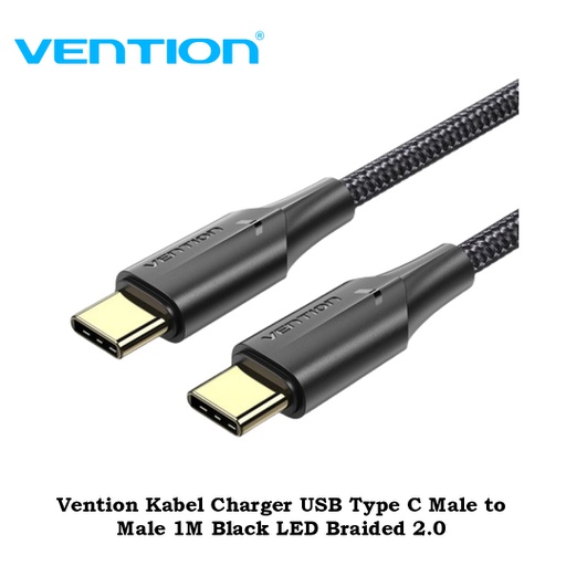 [CBL-0377] Vention Kabel Charger USB Type C Male to Male 1M Black LED Braided 2.0 (TAUBF)