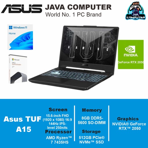 [LAPTOP-0898] Asus TUF A15 FA506NFR-R725B1T-OM /AMD Ryzen 7-7435HS/8GB/512GB SSD/RTX2050 4GB/15.6″ FHD 144Hz/W11+OHS+O365/Graphite Black (BAG)
