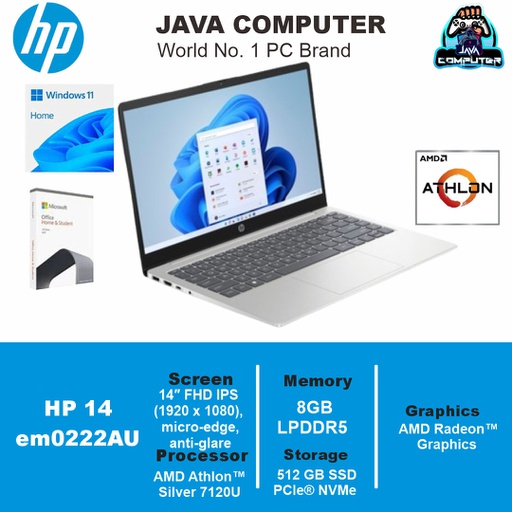 [LAPTOP-0903] HP 14-em0222AU AMD Athlon 7120U/8GB/512GB SSD/W11+OHS/14.0 FHD/Silver (BAG)