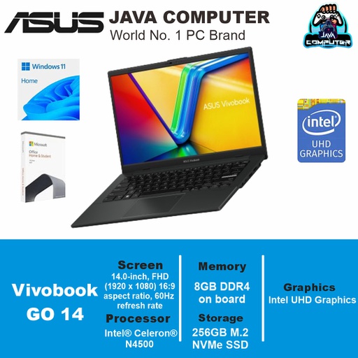 [LAPTOP-0909] Asus Vivobook Go 14 E410KA-FHD429 N4500/BGA/8GB/256GB SSD/Win 11 Home+OHS/14″ FHD/Star Black (BAG)