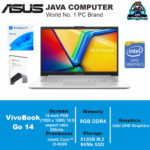 [LAPTOP-0910] Asus Vivobook Go 14 E1404GA-FHD353M i3-N305/8GB/512GB SSD/Win 11 Home+OHS+O365/14.0″ FHD/Cool Silver (BAG)