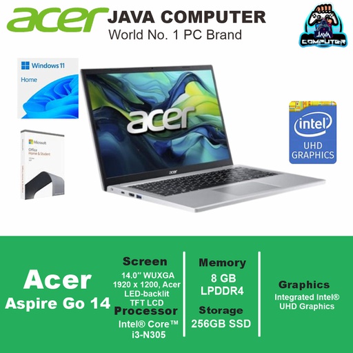 [LAPTOP-0911] Acer Aspire Go 14 AG14-31P-34GM i3-N305/8GB/256GB SSD/Win 11 Home+OHS/14.0″ WUXGA/Pure Silver (BAG)